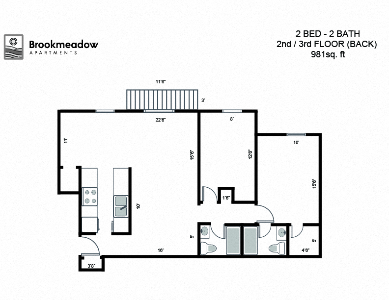 Floor plan for 2 beds, 2 baths, 981 sqft